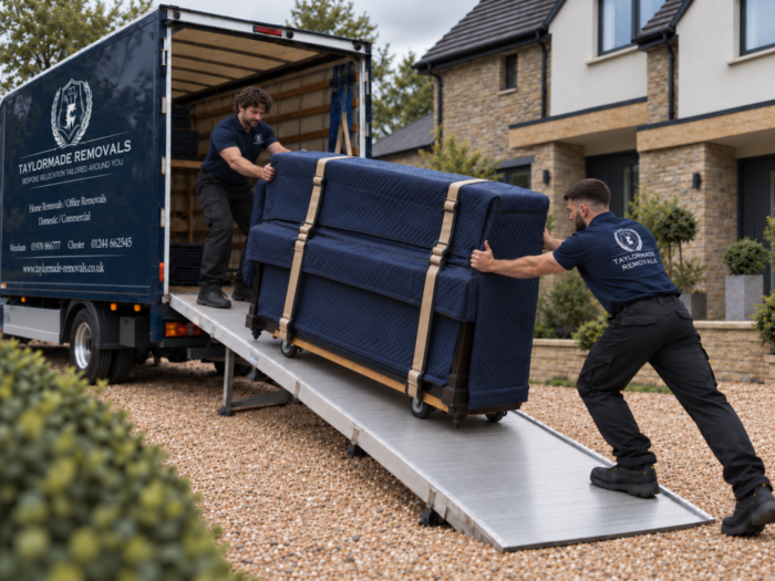 Moving a Piano into the van Taylormade Removals team carefully loading a protected piano into a removal van during a house move in Chester and Wrexham.